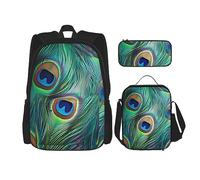 DOFFO Set zaino con stampa di piume di pavone, zaino da viaggio per computer portatile per donne e uomini, borsa casual con borsa per il pranzo e astuccio per matite, 3 pezzi, nero, taglia unica, Nero
