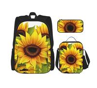 DOFFO Set zaino con stampa girasole, zaino da viaggio per computer portatile per donne e uomini, borsa casual con borsa per il pranzo, astuccio per matite, 3 pezzi, nero, taglia unica, Nero , Taglia