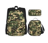 DOFFO Set zaino con stampa mimetica, zaino da viaggio per computer portatile, per donne e uomini, casual, con borsa per il pranzo, astuccio per matite, 3 pezzi, nero, taglia unica, Nero , Taglia unica