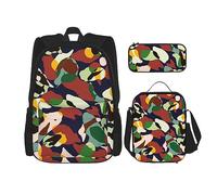 DOFFO Set zaino con stampa mimetica, zaino da viaggio per computer portatile, per donne e uomini, casual, con borsa per il pranzo e astuccio per matite, 3 pezzi, nero, Taglia unica