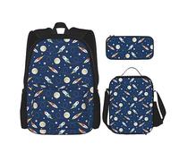 DOFFO Set zaino con stampa Rocket In Space, zaino da viaggio per computer portatile, per donne e uomini, casual, con borsa per il pranzo, astuccio per matite, 3 pezzi, nero, taglia unica, Nero ,