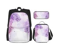 DOFFO Set zaino da viaggio con stampa di fiori lilla in fiore, zaino da viaggio per laptop per donne e uomini, borsa casual con borsa per il pranzo e astuccio per matite, 3 pezzi, nero, Taglia unica