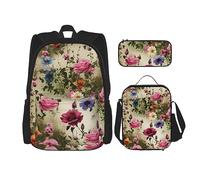 DOFFO Set zaino da viaggio con stampa di fiori selvatici, zaino da viaggio per laptop per donne e uomini, borsa casual con borsa per il pranzo e astuccio per matite, 3 pezzi, nero, taglia unica, Nero