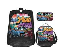 DOFFO Set zaino da viaggio con stampa hip hop, zaino da viaggio per computer portatile per donne e uomini, casual, con borsa per il pranzo, astuccio per matite, 3 pezzi, nero, taglia unica, Nero ,