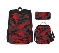 DOFFO Set zaino da viaggio con stampa mimetica rossa, zaino da viaggio per computer portatile per donne e uomini, casual, con borsa per il pranzo, astuccio per matite, 3 pezzi, nero, taglia unica,