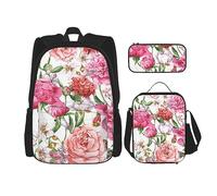 DOFFO Set zaino da viaggio con stampa peonia, zaino da viaggio per laptop per donne e uomini, borsa casual con borsa per il pranzo e astuccio per matite, 3 pezzi, nero, taglia unica, Nero , Taglia
