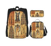 DOFFO Set zaino da viaggio con stampa tribale dell'antico Egitto, zaino da viaggio per laptop per donne e uomini, borsa casual con borsa per il pranzo e astuccio per matite, 3 pezzi, nero, taglia