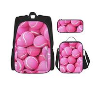 DOFFO Set zaino rosa brillante con stampa di palline da tennis, zaino da viaggio per laptop per donne e uomini, borsa per libri casual con borsa per il pranzo e astuccio per matite, 3 pezzi, nero,