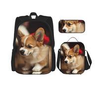 DOFFO Simpatico set di zaini con stampa Corgi, zaino da viaggio per computer portatile da uomo e da donna, borsa per il pranzo, astuccio, 3 pezzi, nero, taglia unica, Nero , taglia unica