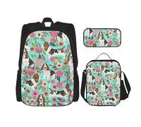 DOFFO Sweet Basset Hound Florals Print Backpack Set, zaino da viaggio per computer portatile per donne uomini casual bookbag con borsa per il pranzo astuccio matita 3 pezzi, nero, Taglia unica, Zaini