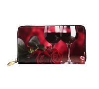 DOFFO Viola Elegante Peonia Fiore Stampa Portafoglio In Pelle Per Le Donne Borsa Della Moneta Sottile Zip Telefono Cambiamento Della Borsa Frizione Titolare Della, Rose e bicchieri di vino rosso,