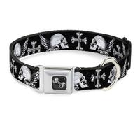 Dog Collar Bone BD Skulls w/Wings Black/White WIDE-Large 20-31"