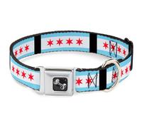 Dog Collar Bone Chicago Flags/Black WIDE-Large 20-31"
