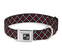 Dog Collar Bone Criss Cross Plaid Black/Gray/Red WIDE-Large 20-31"