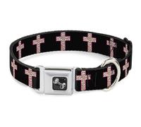 Dog Collar Bone Cross Repeat Black/Leopard Brown/Pink Outline WIDE-Small 13-17"