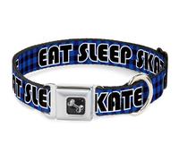 Dog Collar Bone EAT SLEEP SKATE Buffalo Plaid Blue WIDE-Large 20-31"