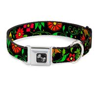 Dog Collar Bone Floral Collage2 Black/Red/Orange/Green Large 15-24"