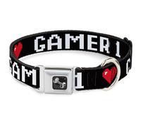 Dog Collar Bone GAMER 1/Heart 8-Bit Black/White/Red WIDE-Medium 16-23"