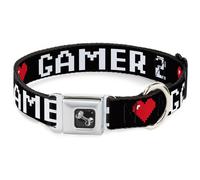 Dog Collar Bone GAMER 2/Heart 8-Bit Black/White/Red WIDE-Medium 16-23"