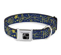 Dog Collar Bone HARMONY BALANCE LIFE Icons Collage Blue/Yellow WIDE-Large 20-31"