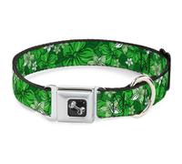 Dog Collar Bone Hibiscus Collage Green Shades WIDE-Medium 16-23"