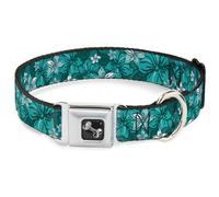Dog Collar Bone Hibiscus Collage Turquoise Shades WIDE-Medium 16-23"