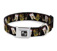 Dog Collar Bone Maneki Neko Lucky Cats Gold/Black/White WIDE-Small 13-17"