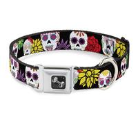 Dog Collar Bone Painted Sugar Skulls & Flowers Black/Multi Color Medium 11-16.5"