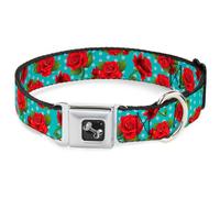 Dog Collar Bone Red Roses/Polka Dots Turquoise Medium 11-16.5"