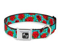 Dog Collar Bone Red Roses/Polka Dots Turquoise Medium 11-16.5"