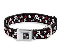 Dog Collar Bone Skulls & Stars Black/White/Red WIDE-Large 20-31"