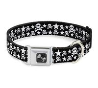 Dog Collar Bone Skulls & Stars Black/White WIDE-Large 20-31"