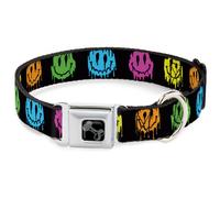Dog Collar Bone Smiley Face Melted Repeat Black/Multi Neon WIDE-Medium 16-23"