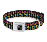 Dog Collar Bone Smiley Faces Melted Mini Repeat Black/Multi Neon WIDE-Small 13-1