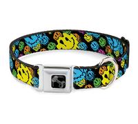 Dog Collar Bone Smiley Faces Melted Stacked Black/Multi Neon WIDE-Small 13-17"