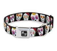 Dog Collar Bone Sugar Skull Outline Black/Multi Color Large 15-24"