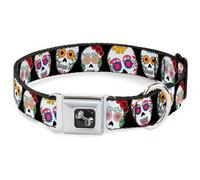 Dog Collar Bone Sugar Skull Outline Black/Multi Color WIDE-Medium 16-23"