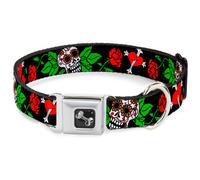 Dog Collar Bone Sugar Skull w/Roses & Heart WIDE-Medium 16-23"