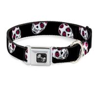 Dog Collar Bone Sugar Skulls Scattered Black/White/Fuchsia Large 15-24"