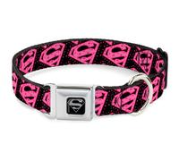 Dog Collar SMA-S-Shield Black/Silver Diagonal Superman Logo w/Hearts Black/Pink