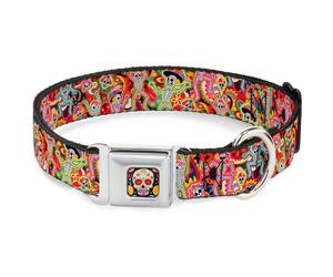 Dog Collar TYA-Sugar Skull Starburst Full Color Black/Multi Color Dancing Catrin