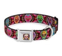 Dog Collar TYA-Sugar Skull Starburst Full Color Black/Multi Color Six Sugar Skul