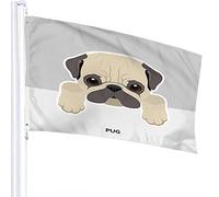 Dog Flag 3x5 FT Cute Cartoon Portrait of Pug Puppy with Big Eyes Brow Feather Outdoor Flags Large Welcome Yard Banners Home Garden Yard Lawn Decor Grey