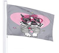Dog Flag 3x5 FT Valentine's Day French Bulldog in Striped Cardigan with Pink Heart Glasses Polka Dot Outdoor Flags Large Welcome Yard Banners Home Garden Yard Lawn Decor Grey