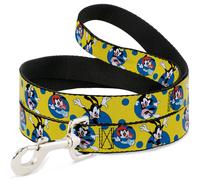 Dog Leash 6-FEET Animaniacs Yakko Wakko and Dot Poses Yellow/Blue WIDE 1.5"