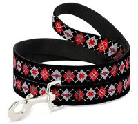 Dog Leash 6-FEET BD Argyle Black/Red/Gray NARROW 0.5"