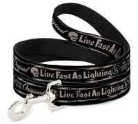 Dog Leash 6-FEET BD Skull LIVE FAST AS LIGHTNING Black/Light Orange WIDE 1.5"