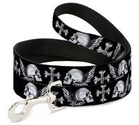 Dog Leash 6-FEET BD Skulls w/Wings Black/White NARROW 0.5"