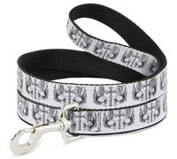 Dog Leash 6-FEET BD Skulls w/Wings White/Black NARROW 0.5"