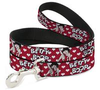 Dog Leash 6-FEET BETTY BOOP Seated Leg Kick Pose and Text Hearts Red/White/Black